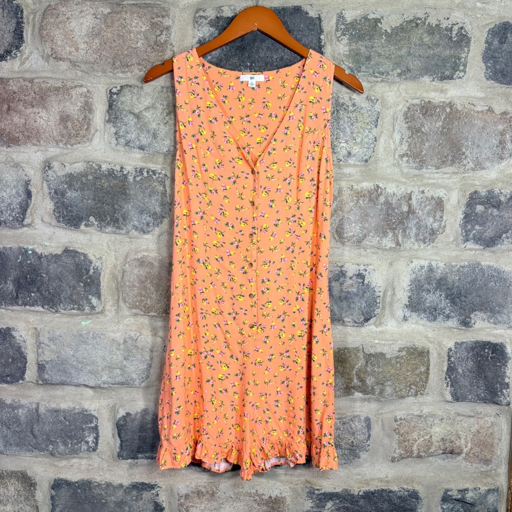 BP Nordstrom Peach Floral Button Front Ruffle Hem Romper M Sleeveless Tie Back